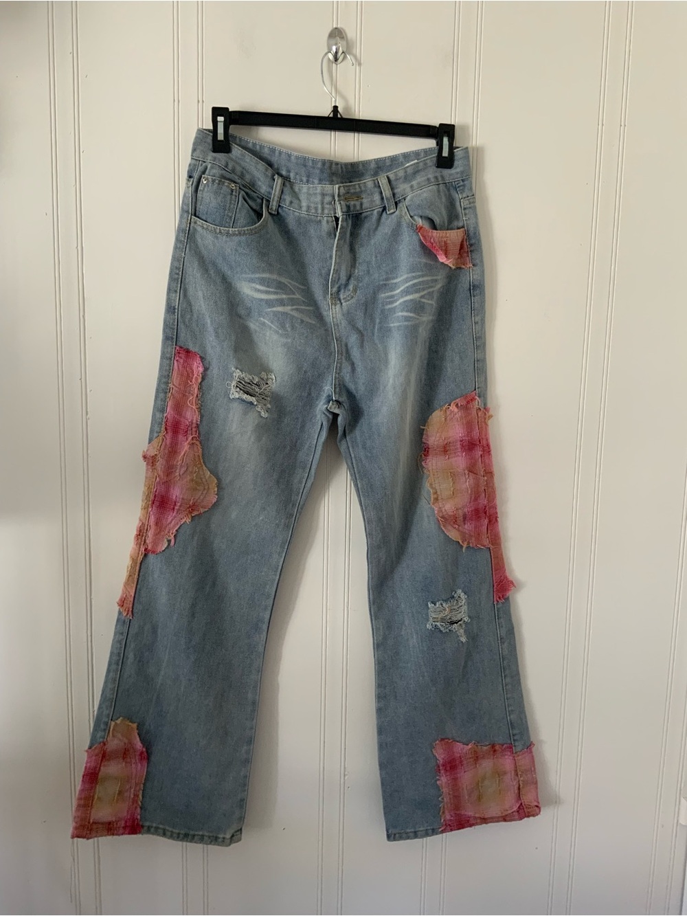 Light Blue Wide-Leg Jeans with Pink Plaid Patch Details